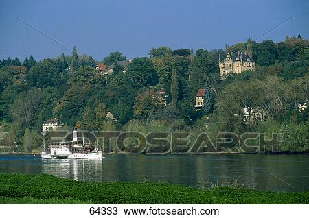 Steamer in river, River Elbe, Loschwitz, Dresden, Lower Saxony, Germany View Large Photo Image Stock Image - Steamer in river, River Elbe, Loschwitz, Dresden, Lower Saxony, Germany . Fotosearch