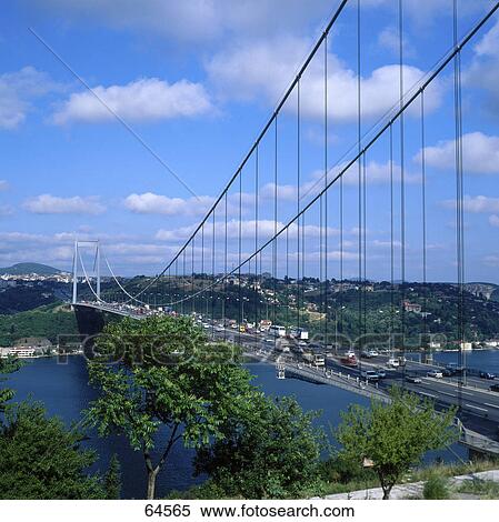 Suspension bridge across river, Istanbul, Turkey View Large Photo Image Stock Photography - Suspension bridge across river, Istanbul, Turkey . Fotosearch