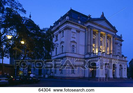 Picture - Theater building lit up at night, Mecklenburg State Theater, Schwerin, Mecklenburg-Western Pomerania, Germany . Fotosearch