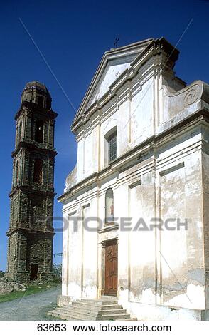 Tower besides church against blue sky, Church Of Pieve, Corsica, France View Large Photo Image Stock Image - Tower besides church against blue sky, Church Of Pieve, Corsica, France . Fotosearch