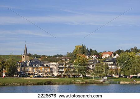 Town at waterfront, Ehnen, Luxembourg View Large Photo Image Stock Photograph - Town at waterfront, Ehnen, Luxembourg . Fotosearch