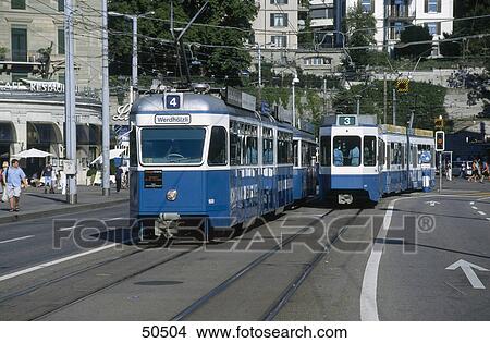 Picture - Trams on tracks, Zurich, Switzerland . Fotosearch