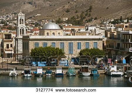 View of Kalymnos, boats at the shore, Greece, elevated view View Large Photo Image Picture - View of Kalymnos, boats at the shore, Greece, elevated view . Fotosearch