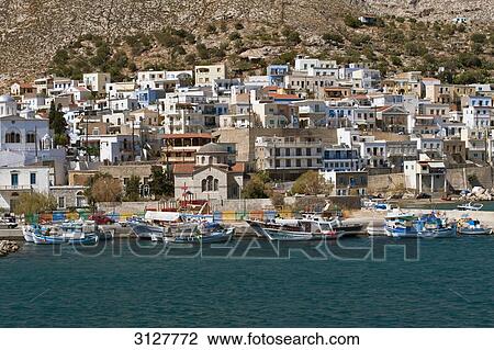 View of Kalymnos, boats at the shore, Greece, elevated view View Large Photo Image Stock Image - View of Kalymnos, boats at the shore, Greece, elevated view . Fotosearch