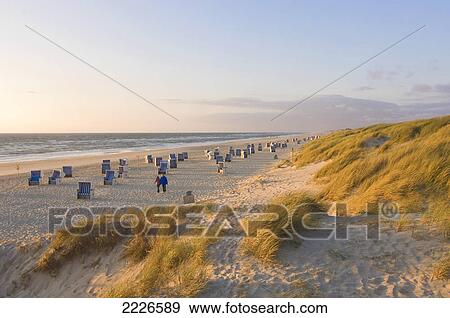Stock Photo - Wicker chairs on beach at dusk, Kampen, Schleswig-Holstein, Germany . Fotosearch