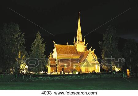 Wooden church lit up at night, Lom, Norway View Large Photo Image Stock Image - Wooden church lit up at night, Lom, Norway . Fotosearch
