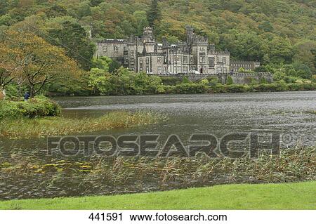 Stock Image - Abbey at waterfront, Kylemore Abbey, Lake Kylemore, Republic of Ireland . Fotosearch