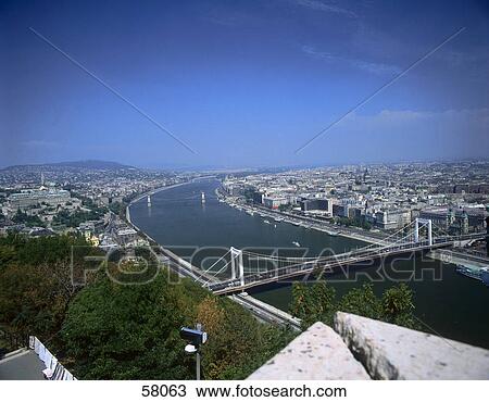 Stock Image - Aerial view of a city, Danube Bridge, Budapest, Hungary . Fotosearch