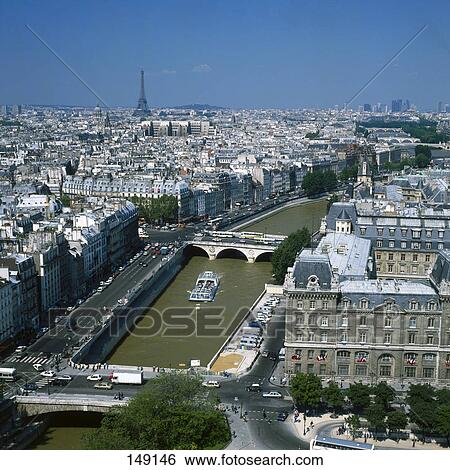 Aerial view of canal flowing through city, Paris, France View Large Photo Image Stock Photograph - Aerial view of canal flowing through city, Paris, France . Fotosearch