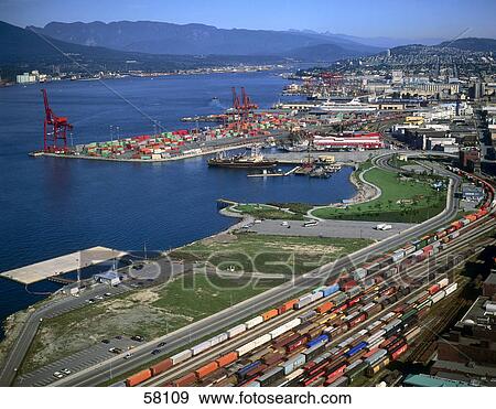 Aerial view of cargo containers at port, Vancouver, British Columbia, Canada View Large Photo Image Stock Photo - Aerial view of cargo containers at port, Vancouver, British Columbia, Canada . Fotosearch