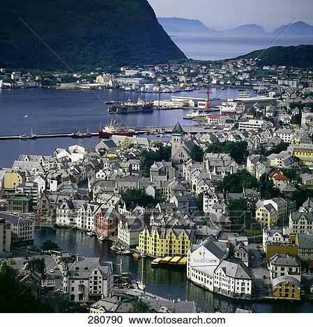 Aerial view of city, Alesund, Norway View Large Photo Image Stock Image - Aerial view of city, Alesund, Norway . Fotosearch