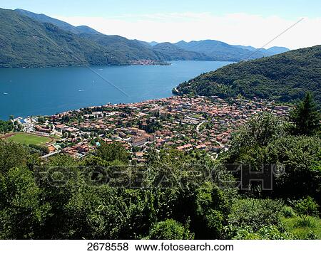 Stock Photo - Aerial view of houses in town, Cannobio, Lago Maggiore, Piedmont, Italy . Fotosearch