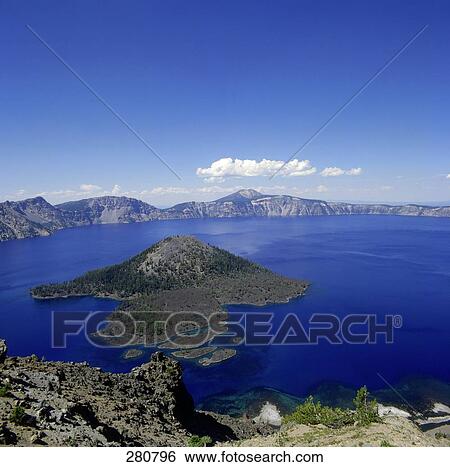 Stock Photograph - Aerial view of island, Crater Lake, Oregon, USA . Fotosearch