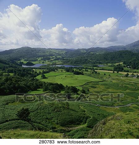 Aerial view of landscape, Cumbria, England View Large Photo Image Stock Image - Aerial view of landscape, Cumbria, England . Fotosearch