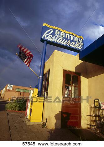 Stock Photography - American flag fluttering on restaurant, Santa Fe, New Mexico, USA . Fotosearch
