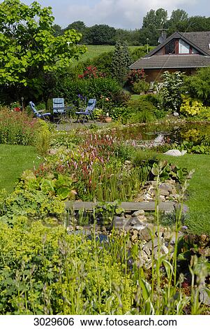 Stock Photograph - Beautiful garden with pond . Fotosearch