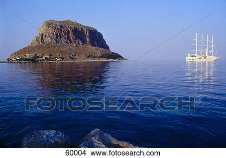 Boat moored near an island, Monemvassia, Peloponnese, Greece View Large Photo Image Picture - Boat moored near an island, Monemvassia, Peloponnese, Greece . Fotosearch