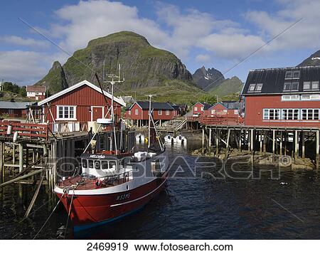 Stock Photo - Boat moored near stilt house, Moskenesoya, Lofoten, Nordland County, Norway . Fotosearch