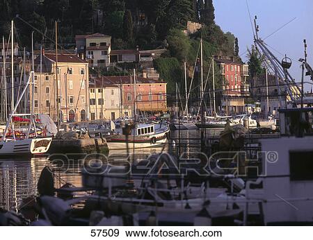 Stock Photo - Boats and ships moored at the port, Piran, Slovenia . Fotosearch