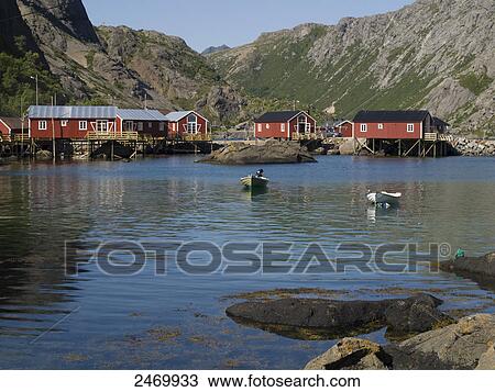 Stock Image - Boats in sea, Nusfjord, Lofoten, Nordland County, Norway . Fotosearch