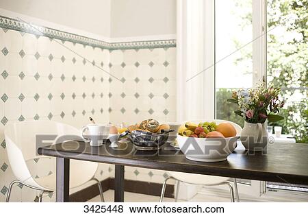 Stock Photo - Breakfast on a wooden table . Fotosearch
