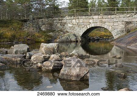 Stock Image - Bridge across river, Norway . Fotosearch