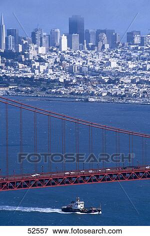 Bridge with city skyline in background, Golden Gate Bridge, San Francisco Bay, San Francisco, California, USA View Large Photo Image Stock Photo - Bridge with city skyline in background, Golden Gate Bridge, San Francisco Bay, San Francisco, California, USA . Fotosearch