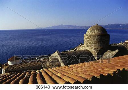 Building overlooking sea, Monemvasia, Peloponnese, Greece View Large Photo Image Stock Image - Building overlooking sea, Monemvasia, Peloponnese, Greece . Fotosearch