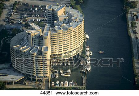 Stock Image - Buildings at riverside viewed from Sears Tower, Chicago River, Chicago, Illinois, USA . Fotosearch