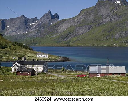Picture - Buildings at seaside, Leknes, Lofoten, Nordland County, Norway . Fotosearch