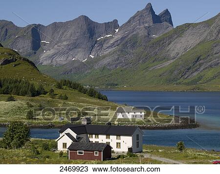 Stock Image - Buildings at seaside, Leknes, Lofoten, Nordland County, Norway . Fotosearch