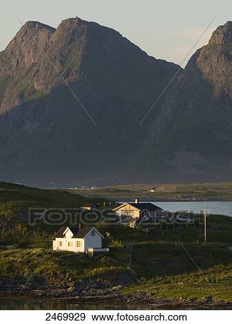 Stock Photo - Buildings at seaside, Leknes, Lofoten, Nordland County, Norway . Fotosearch