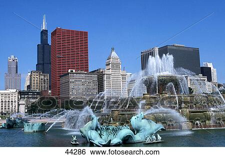 Buildings in city viewed over fountain, Buckingham Fountain, Sears Tower, Chicago, Illinois, USA View Large Photo Image Stock Photograph - Buildings in city viewed over fountain, Buckingham Fountain, Sears Tower, Chicago, Illinois, USA . Fotosearch