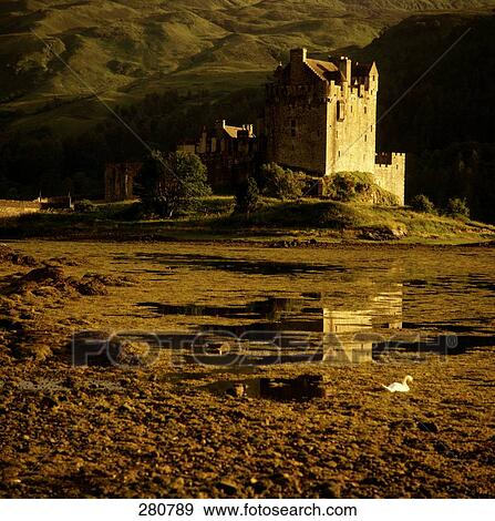 Stock Photo - Castle at lakeside, Eilean Donan Castle, Eilean Donan, Loch Duich, Highlands Region, Scotland . Fotosearch