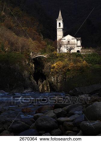 Picture - Church lit up at night, Piedmont, Italy . Fotosearch