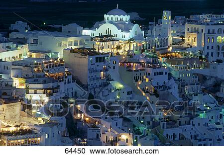 City lit up at night, Fira, Santorini, Greece View Large Photo Image Stock Image - City lit up at night, Fira, Santorini, Greece . Fotosearch