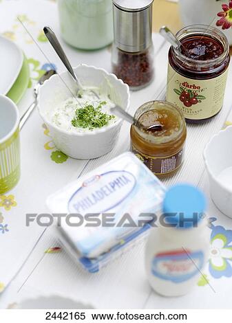 Close-up of breakfast on table View Large Photo Image Stock Photography - Close-up of breakfast on table . Fotosearch