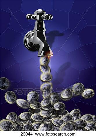 Picture - Close-up of European Union coins falling out of faucet . Fotosearch