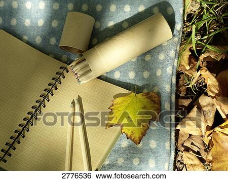Stock Photograph - Close-up of text book and colored crayons on blanket . Fotosearch