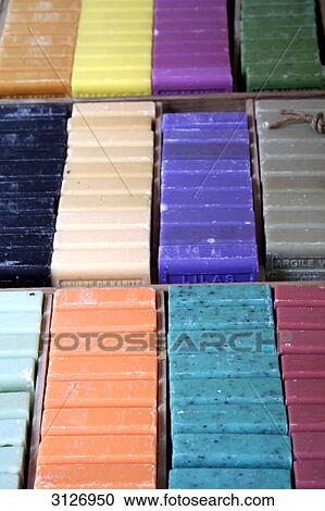 Stock Image - Colourful lavender soap, Vaucluse, France, close-up . Fotosearch