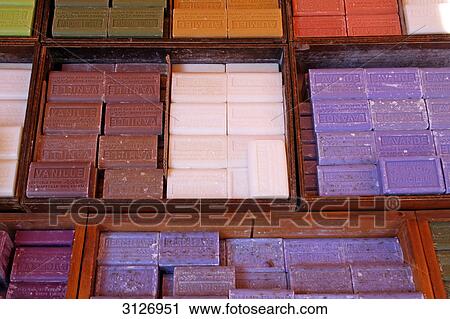 Stock Image - Colourful lavender soap, Vaucluse, France, close-up . Fotosearch