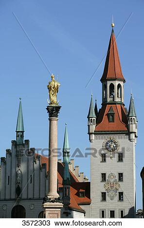 Stock Image - Column of Mary in front of the Old Town Hall, Munich, Germany . Fotosearch