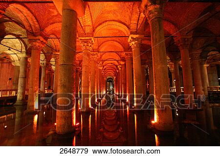 Stock Photo - Electric lights lit up Yerebatan Cistern, Istanbul, Turkey . Fotosearch