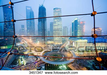 Financial District Pudong seen from Oriental Pearl Tower, Shanghai, China, elevated view View Large Photo Image Stock Photo - Financial District Pudong seen from Oriental Pearl Tower, Shanghai, China, elevated view . Fotosearch
