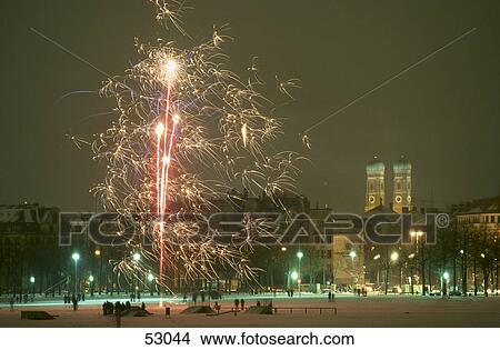Fireworks in front of church, Munich, Bavaria, Germany View Large Photo Image Picture - Fireworks in front of church, Munich, Bavaria, Germany . Fotosearch