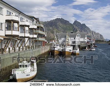 Fishing boats moored at port, Henningsvaer, Lofoten, Nordland County, Norway View Large Photo Image Stock Photo - Fishing boats moored at port, Henningsvaer, Lofoten, Nordland County, Norway . Fotosearch