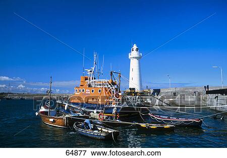 Stock Photo - Fishing ship and boats in ocean, Donaghadee, County Down, Republic Of Ireland . Fotosearch