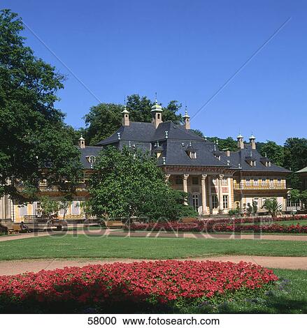 Stock Image - Flower bed in garden near castle, Schloss Pillnitz, Pillnitz, Dresden, Saxony, Germany . Fotosearch