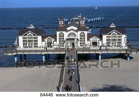 Stock Photograph - Footbridge leading towards resort on beach, Sellin, Ruegen, Mecklenburg-Western Pomerania, Germany . Fotosearch