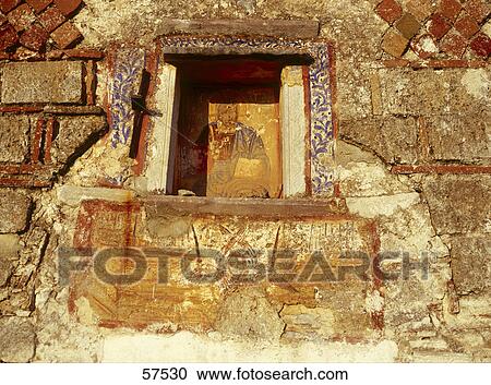 Stock Image - Fresco on wall of church, Peloponnese, Greece . Fotosearch